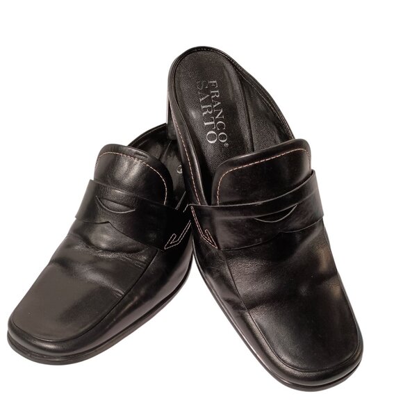 Franco Sarto Black Leather Penny Loafer Mules, 3" Block Heel Size 8.5 - Picture 1 of 10